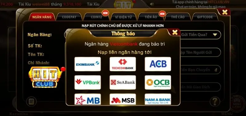 Lưu ý khi nạp ngân hàng vietcombank vào hitclub