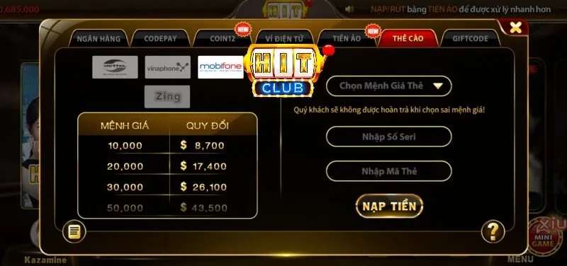 Các bước nạp thẻ cào Mobifone vào HitClub