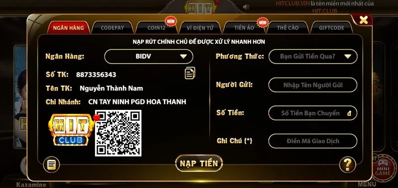 Quy trình nạp ngân hàng bidv vào hitclub